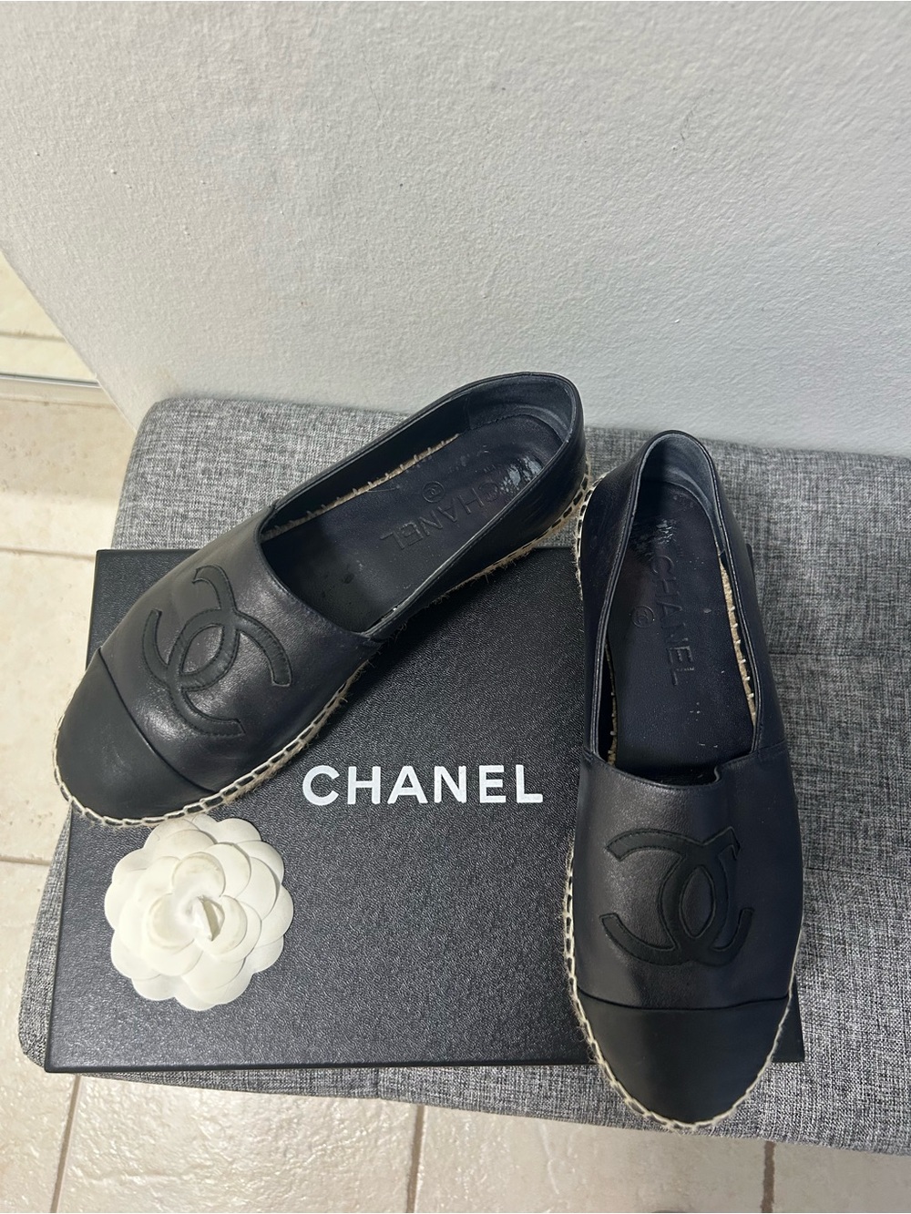 CHANEL Black Leather Espadrille Slip-On Shoes with CC Logo
